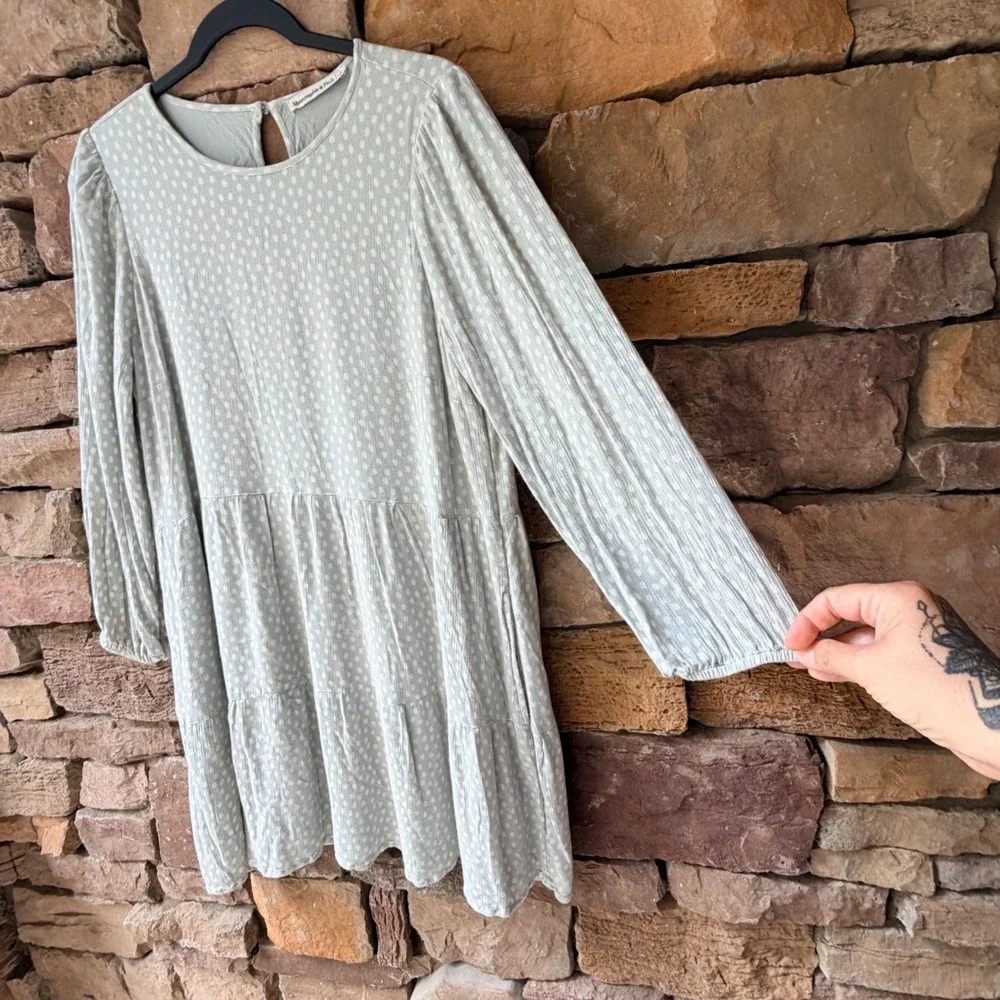 Abercrombie & Fitch Womens Large Dress Green Polka Dot Long Sleeve Tiered Mini